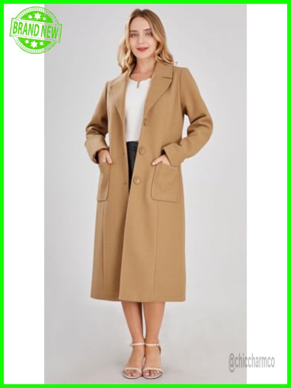 Wool Blend Mid-Length Coat Notch Lapel Single Breasted - Picture 3 of 6